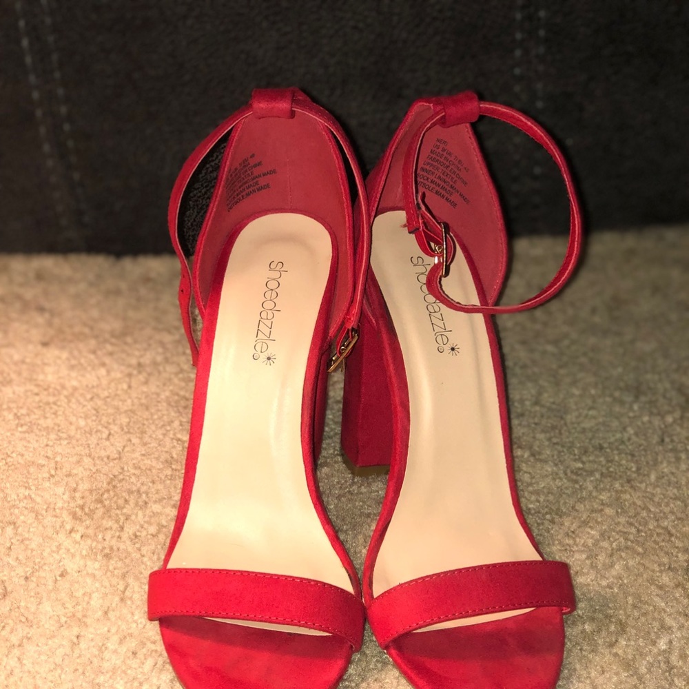 Red open toe block heels